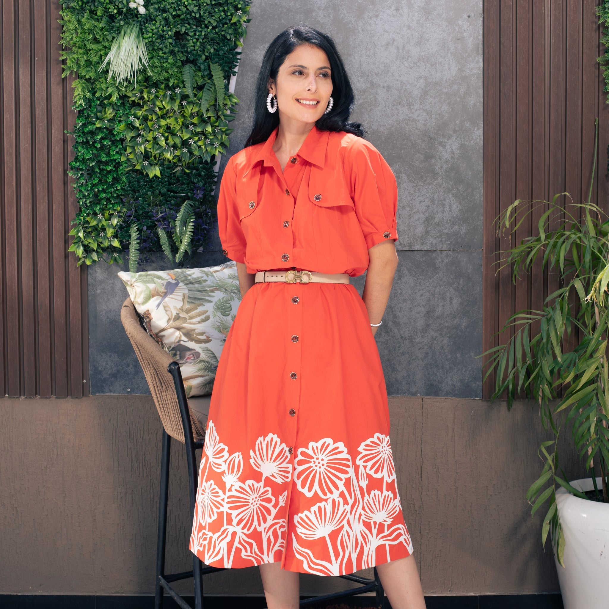 Fiery Orange Detachable Sleeves Trench Dress