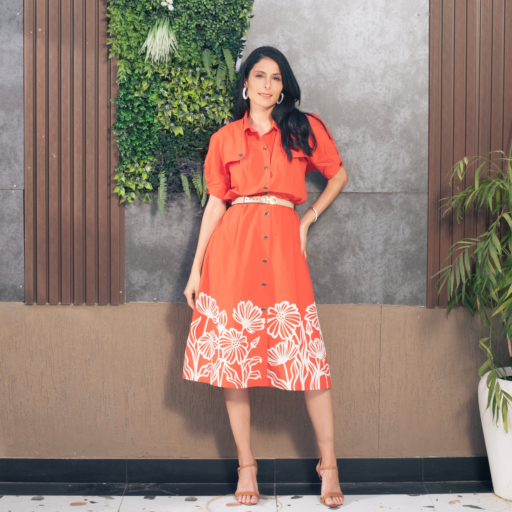 Fiery Orange Detachable Sleeves Trench Dress