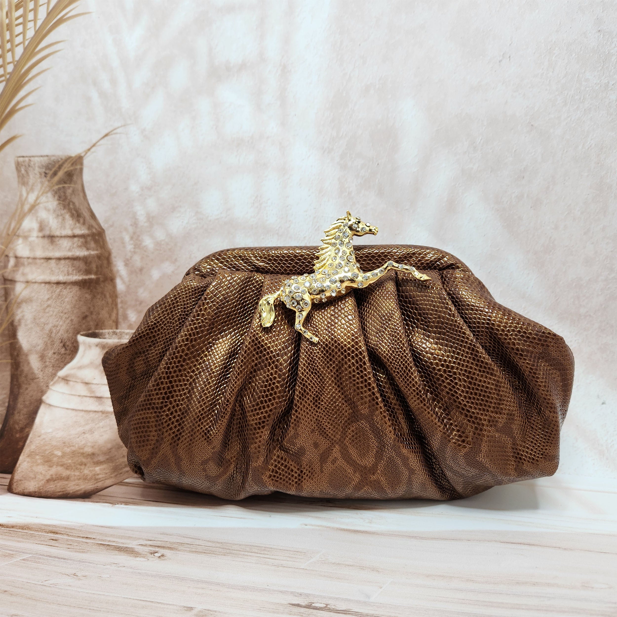 Horse Pouchette In Snake Print Brown