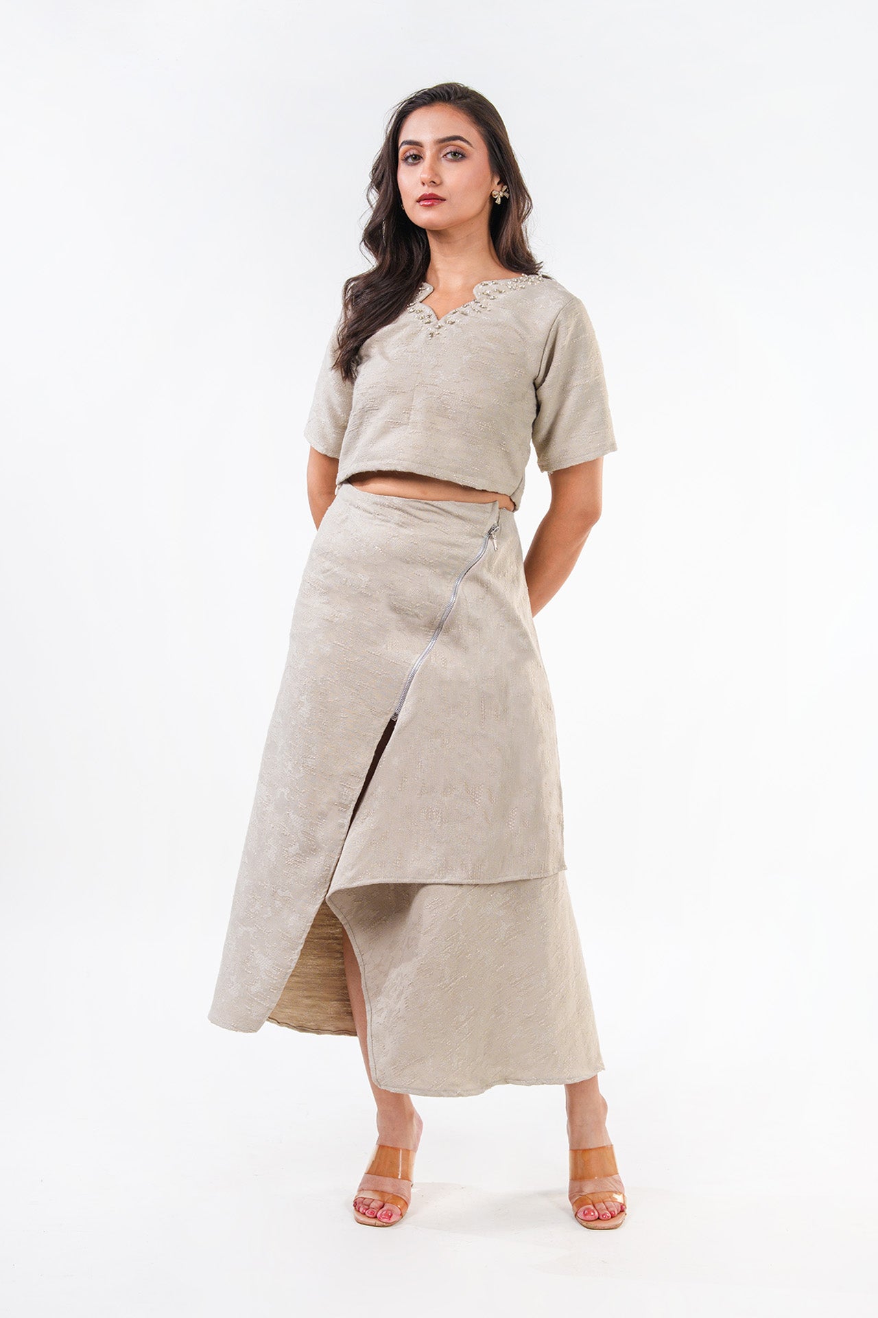 Beaded Beige Jacquard Set