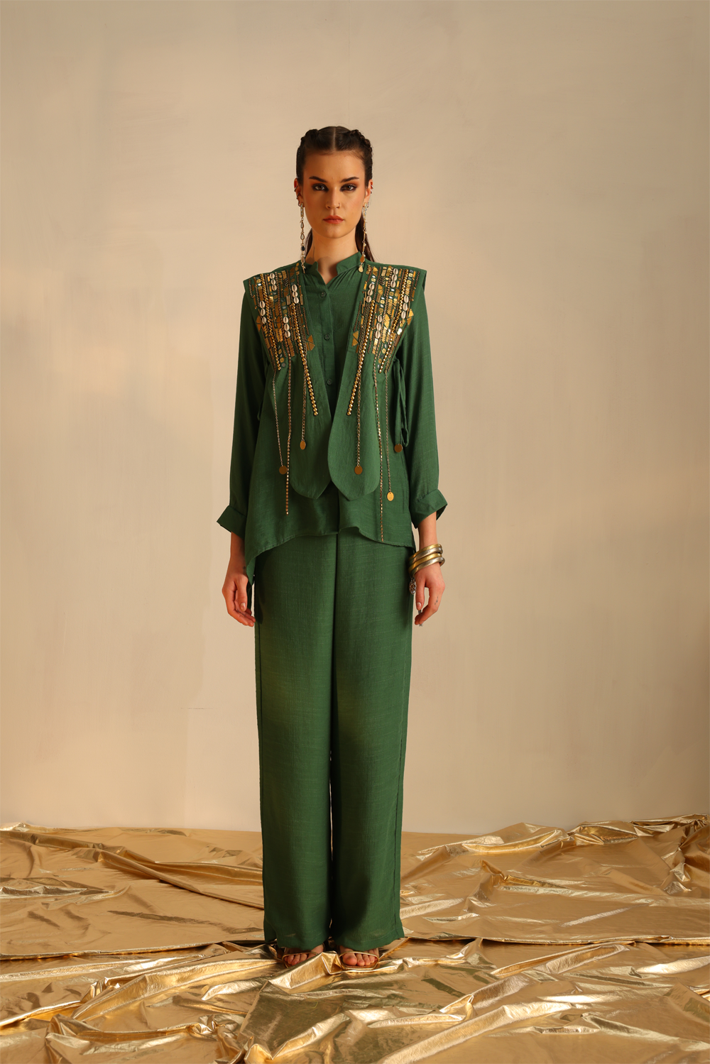 Green Heart Shirt Set With A Panel Waistcoat