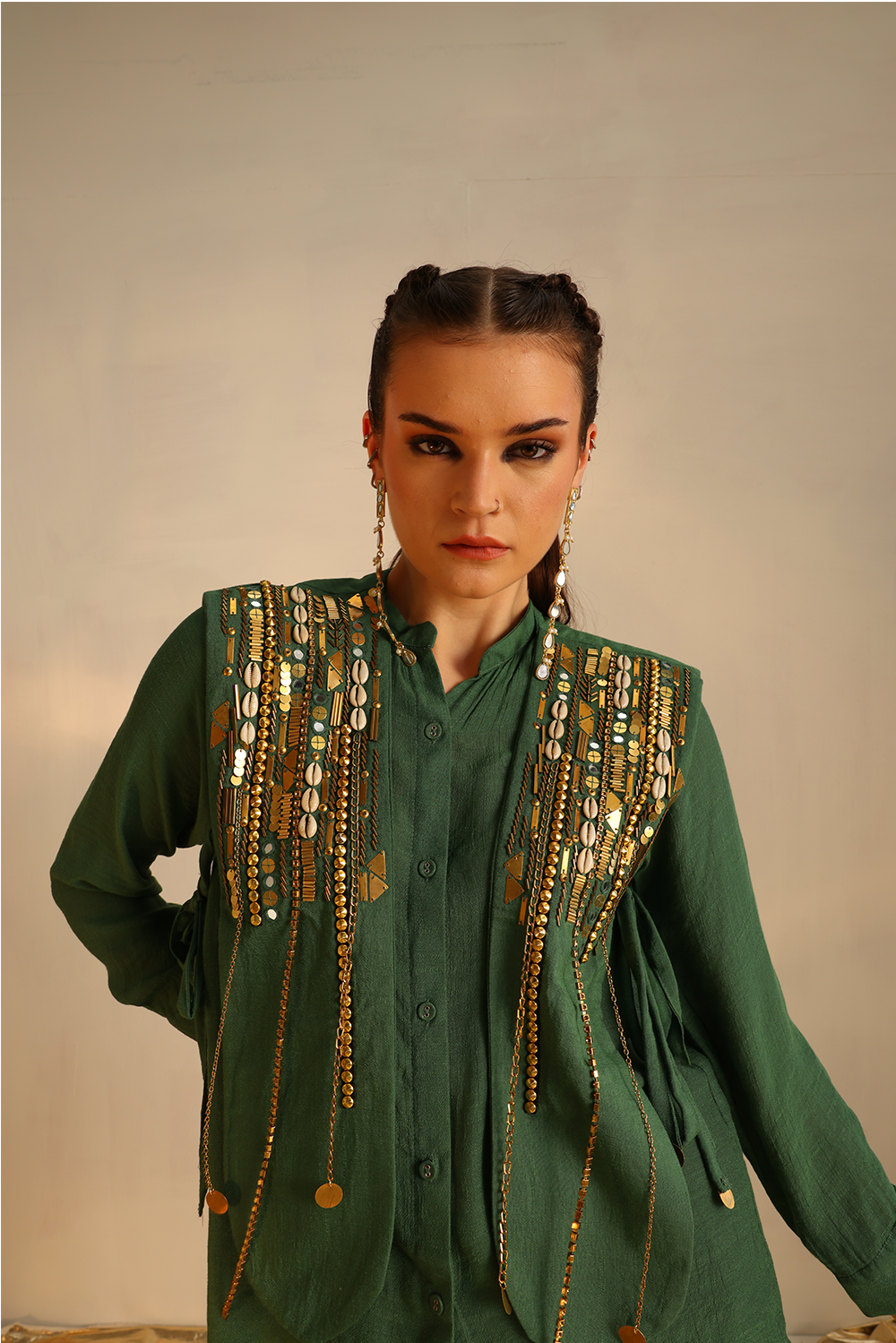 Green Heart Shirt Set With A Panel Waistcoat