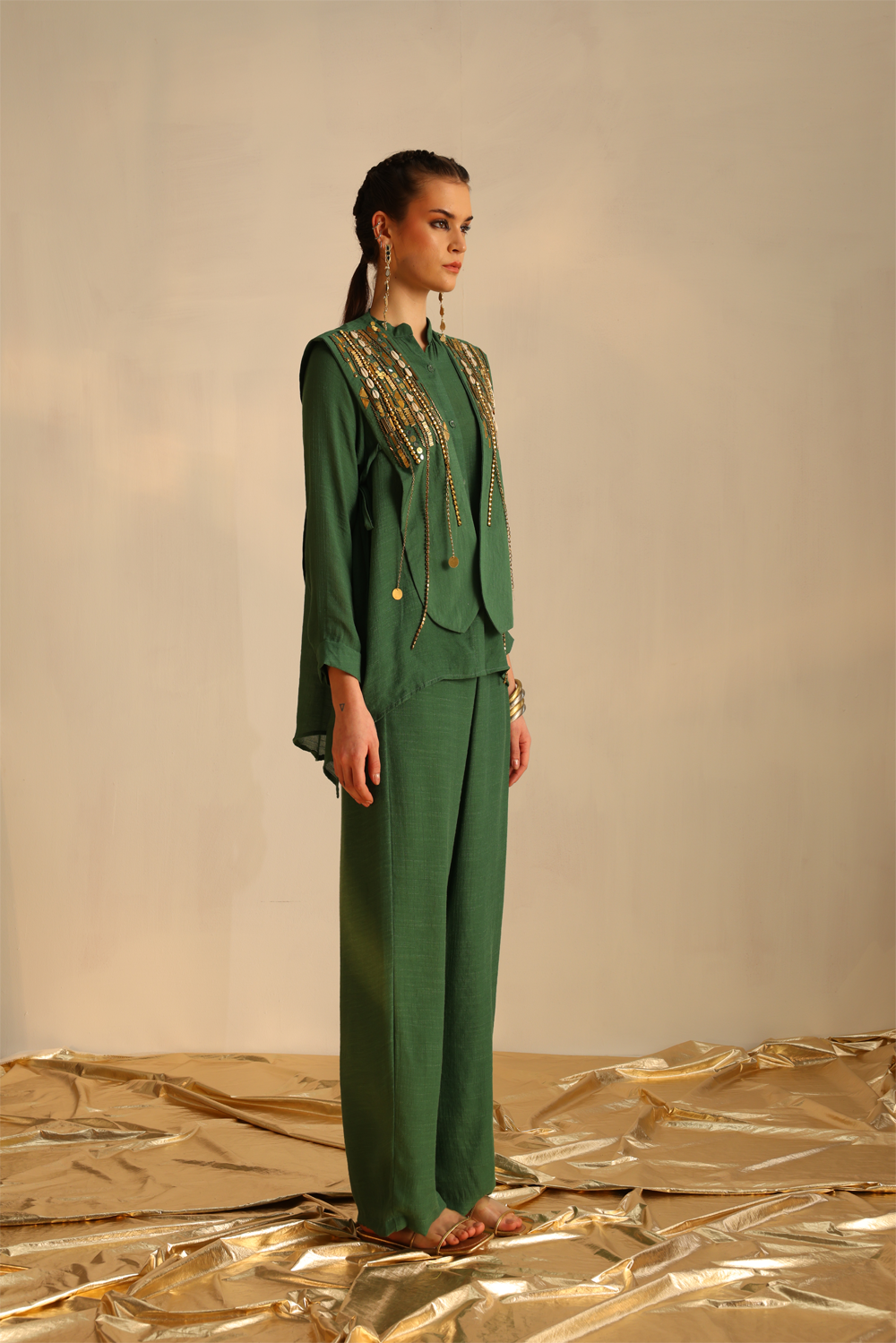 Green Heart Shirt Set With A Panel Waistcoat
