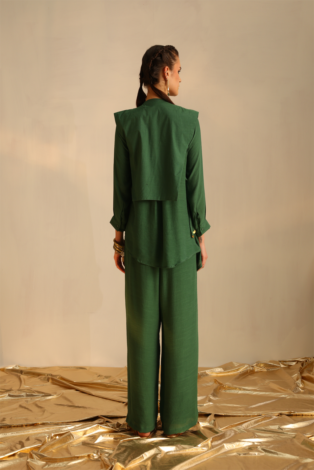 Green Heart Shirt Set With A Panel Waistcoat