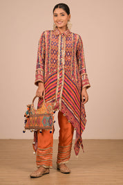 Asymmetrical Orange Kurta Set With Bag