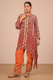 Asymmetrical Orange Kurta Set With Bag