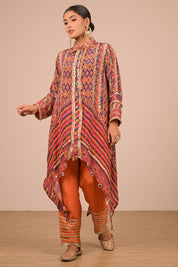 Asymmetrical Orange Kurta Set With Bag