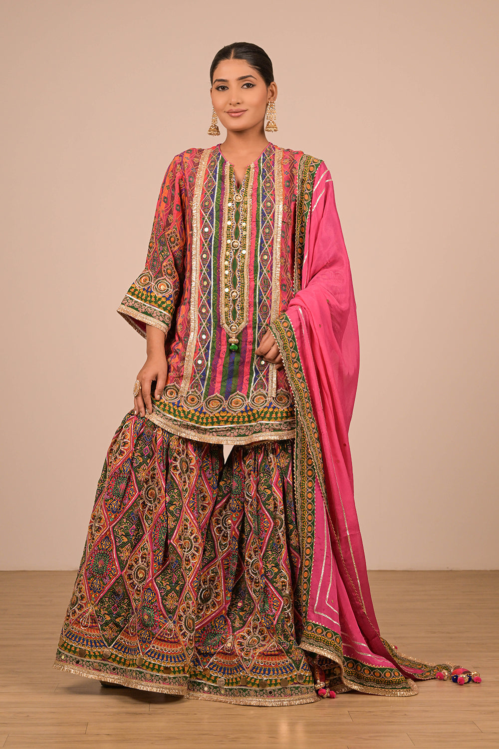 Magenta Crepe Sharara Suit With Bag