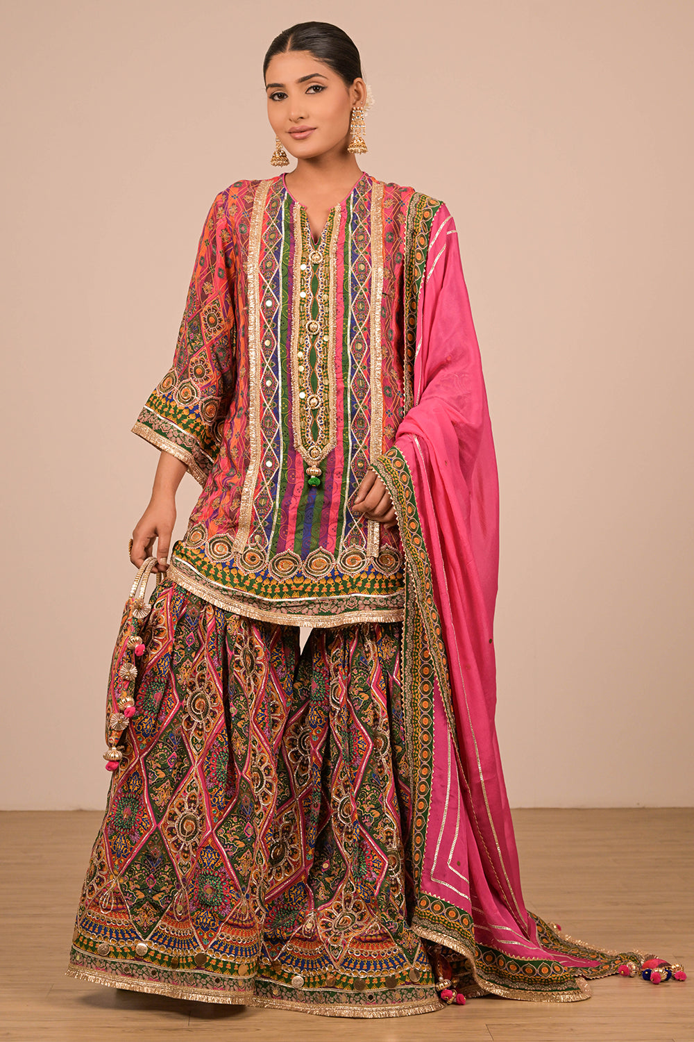 Magenta Crepe Sharara Suit With Bag