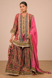 Magenta Crepe Sharara Suit With Bag