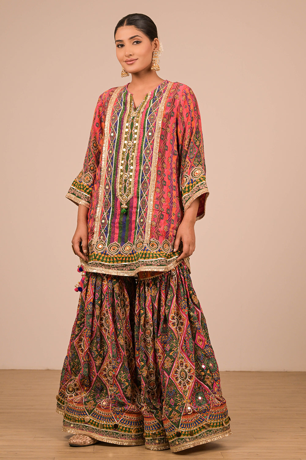 Magenta Crepe Sharara Suit With Bag