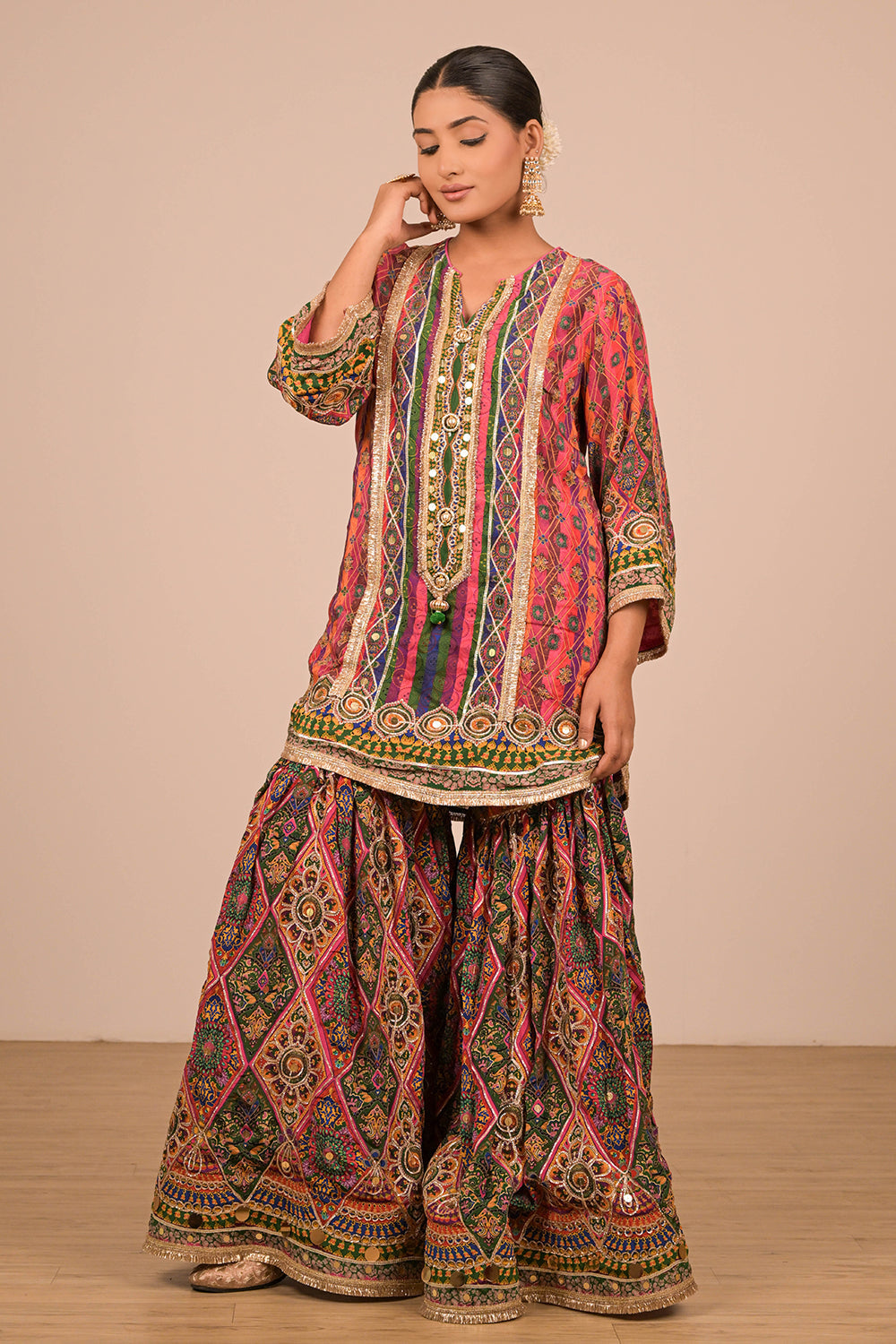 Magenta Crepe Sharara Suit With Bag