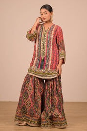 Magenta Crepe Sharara Suit With Bag