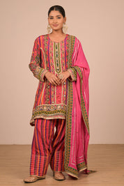 Magenta Suit Set With Farsi Salwar And Bag