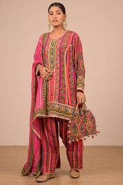 Magenta Suit Set With Farsi Salwar And Bag