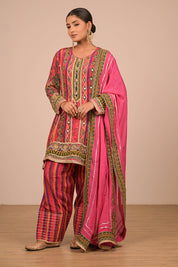 Magenta Suit Set With Farsi Salwar And Bag