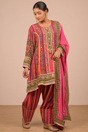 Magenta Suit Set With Farsi Salwar And Bag