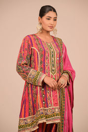 Magenta Suit Set With Farsi Salwar And Bag