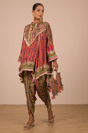Magenta Crepe Suit With Tulip Pants And Bag
