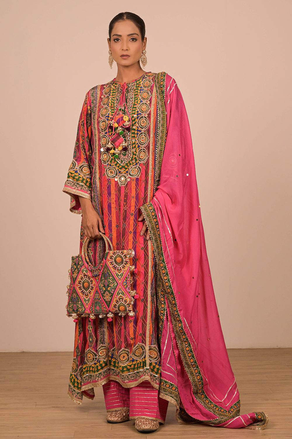 Magenta Embroidered A Line Suit Set with Dupatta And Bag