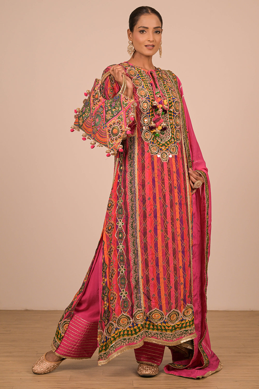 Magenta Embroidered A Line Suit Set with Dupatta And Bag