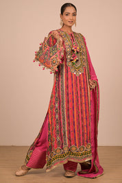Magenta Embroidered A Line Suit Set with Dupatta And Bag
