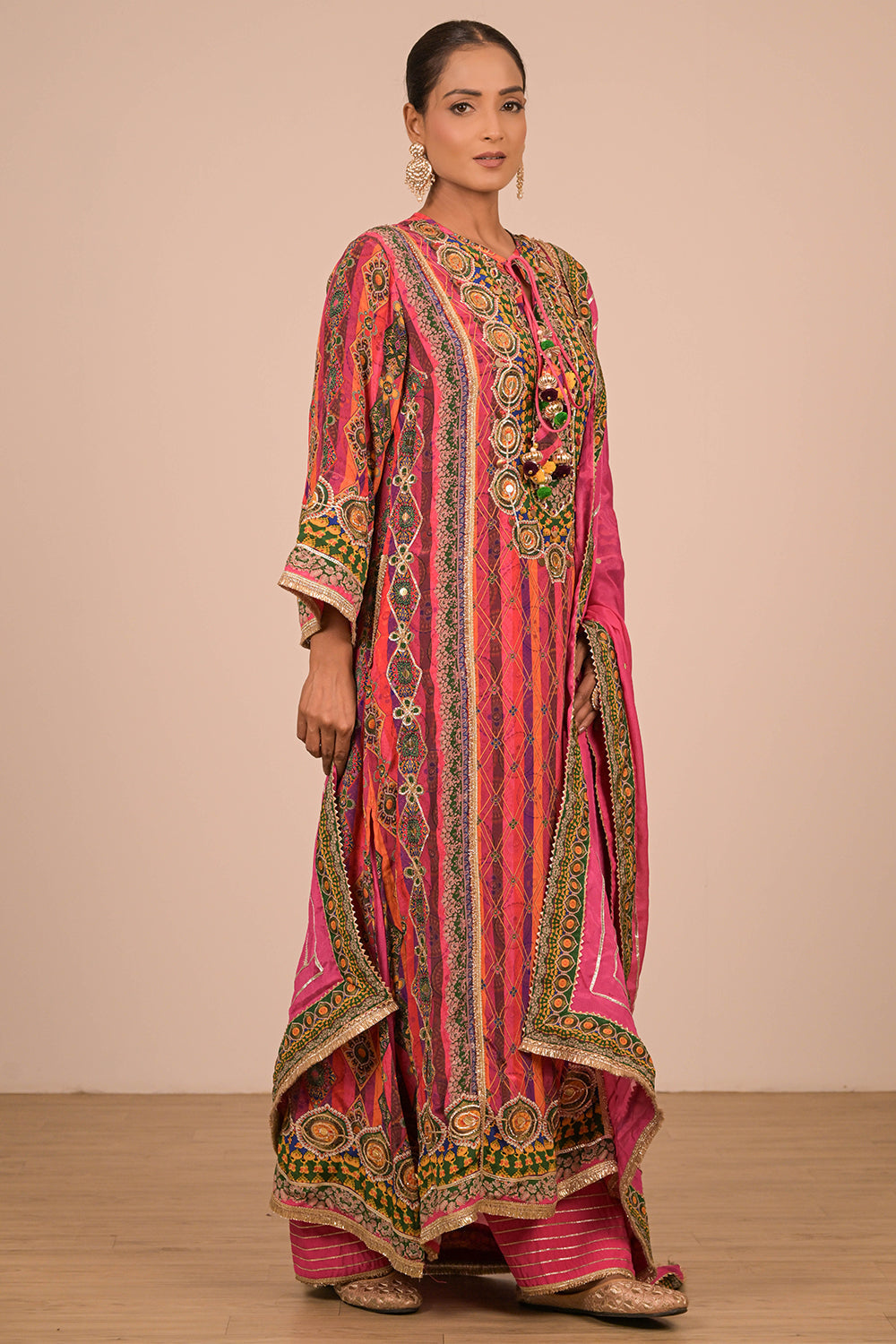 Magenta Embroidered A Line Suit Set with Dupatta And Bag