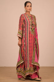 Magenta Embroidered A Line Suit Set with Dupatta And Bag