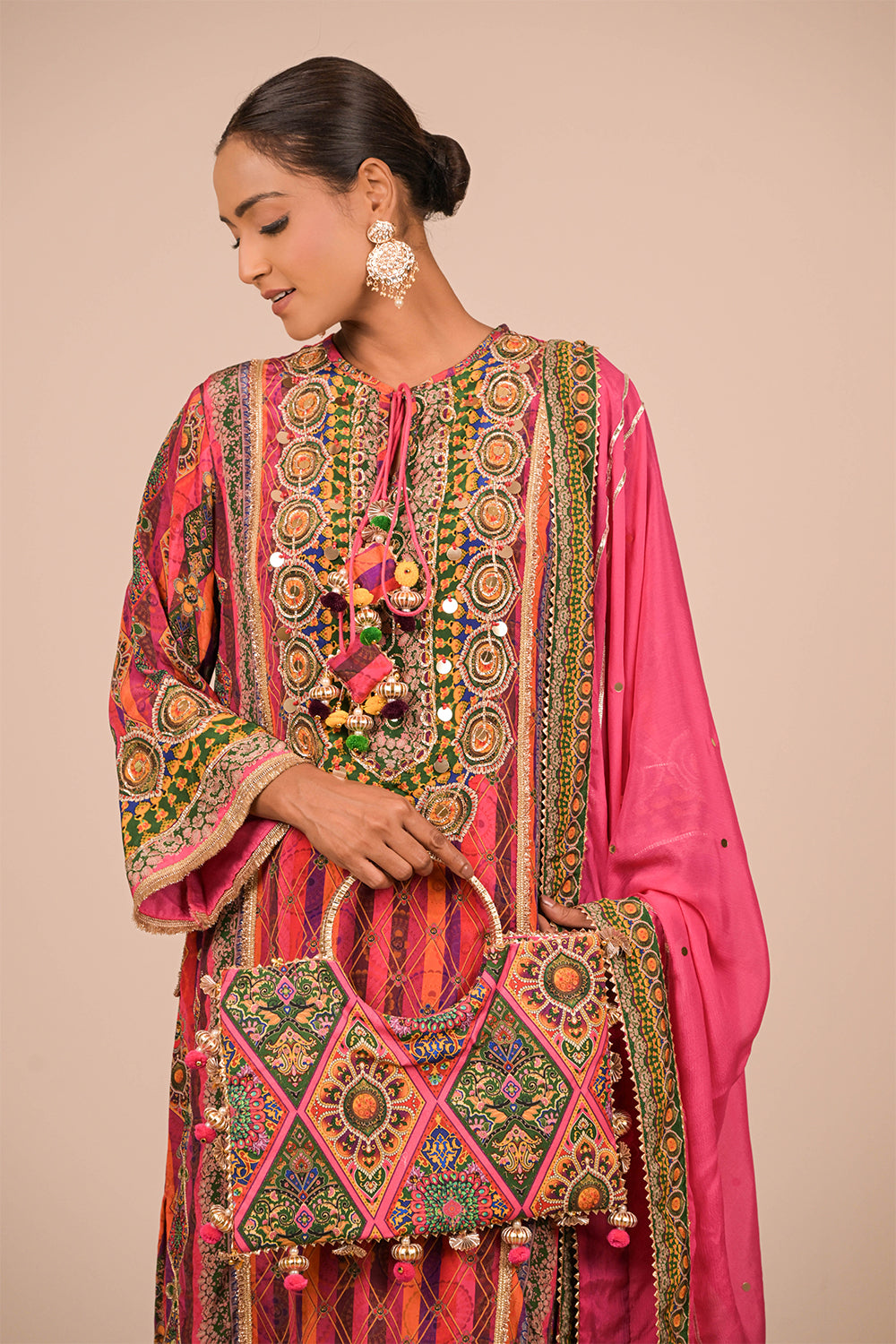 Magenta Embroidered A Line Suit Set with Dupatta And Bag