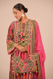 Magenta Embroidered A Line Suit Set with Dupatta And Bag