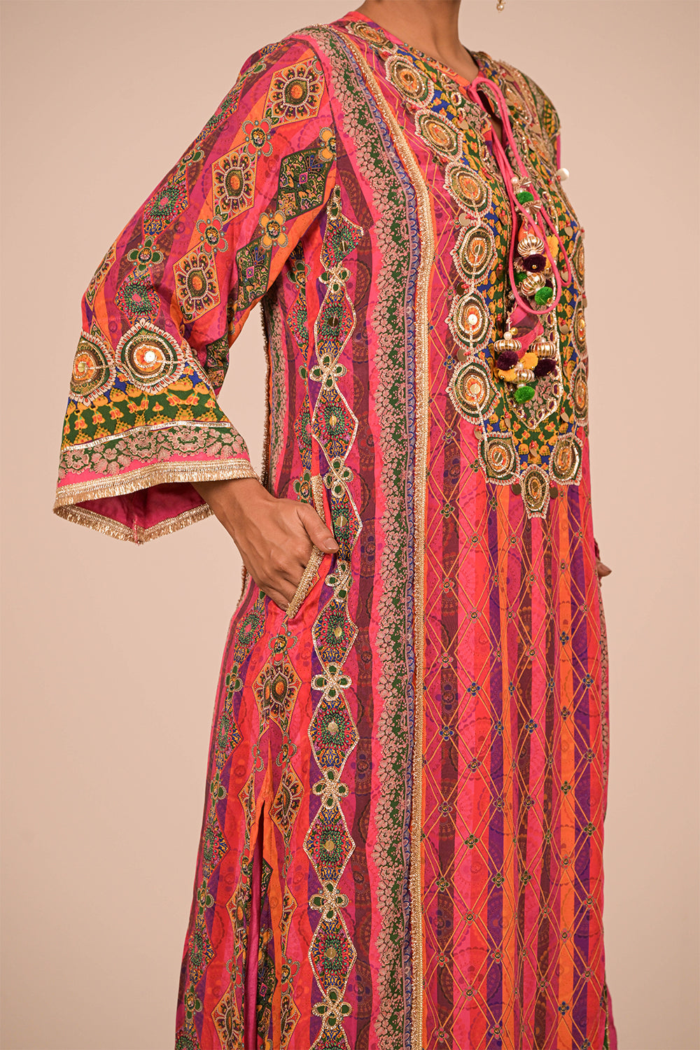 Magenta Embroidered A Line Suit Set with Dupatta And Bag
