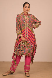 Pink High Low Kurta Set In With Bag