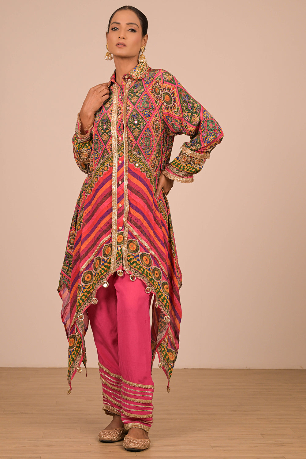 Pink High Low Kurta Set In With Bag