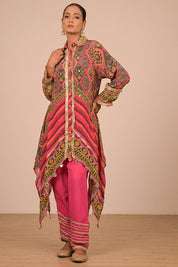 Pink High Low Kurta Set In With Bag