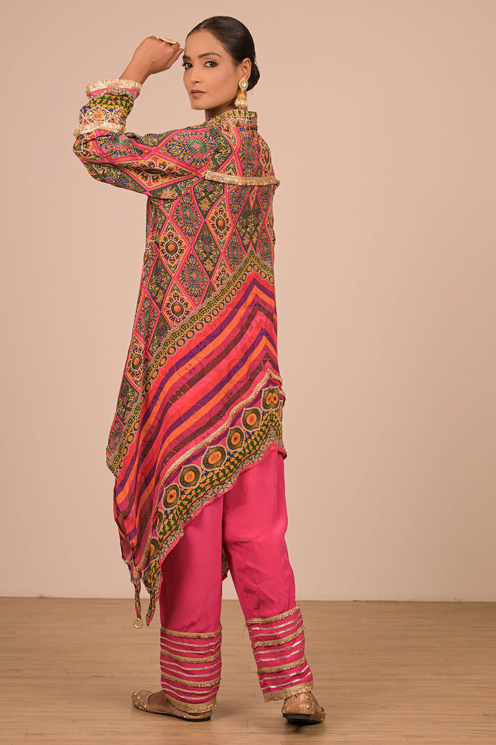 Pink High Low Kurta Set In With Bag