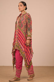 Pink High Low Kurta Set In With Bag