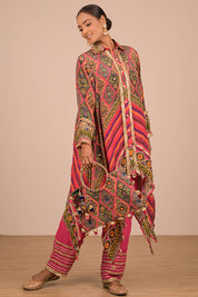 Pink High Low Kurta Set In With Bag