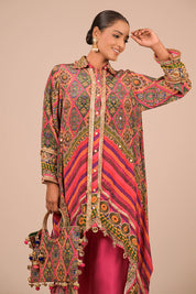 Pink High Low Kurta Set In With Bag