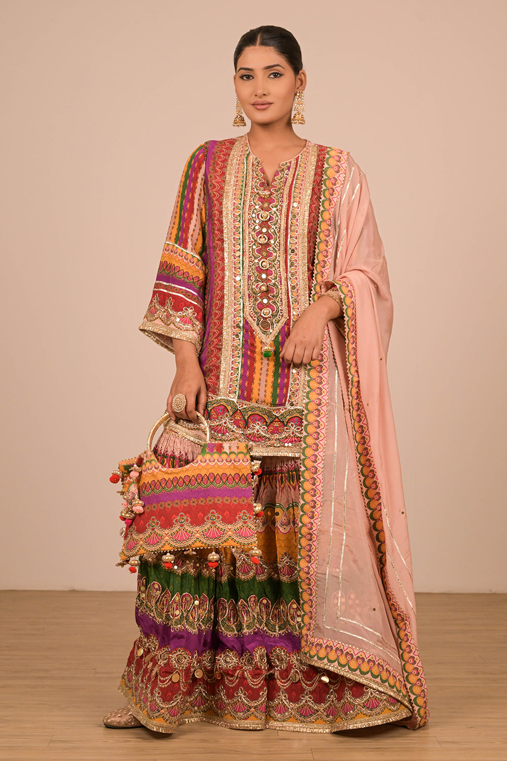 Multicolour Sharara Set With Bag