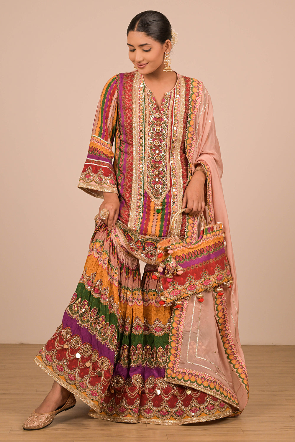 Multicolour Sharara Set With Bag