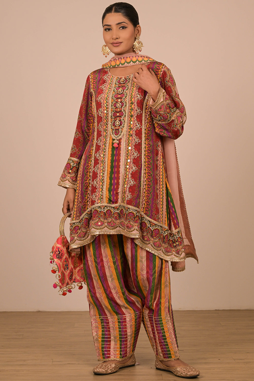 Multicolour Suit Set with Farsi Salwar And Bag