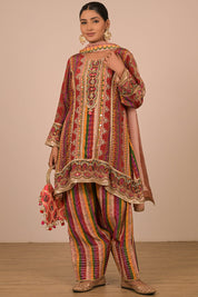 Multicolour Suit Set with Farsi Salwar And Bag