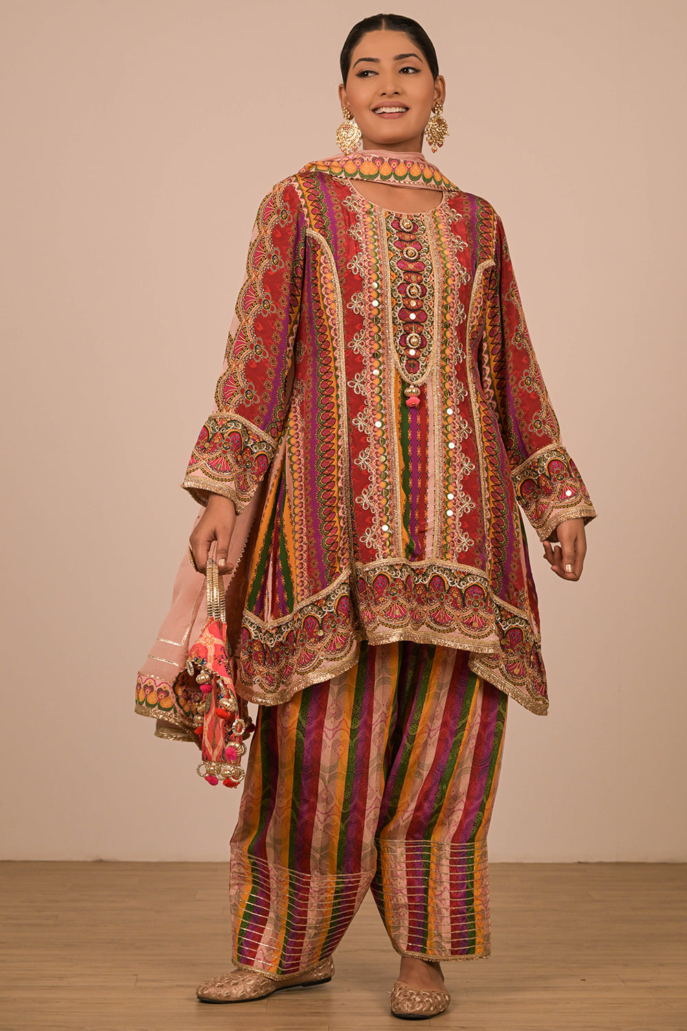 Multicolour Suit Set with Farsi Salwar And Bag