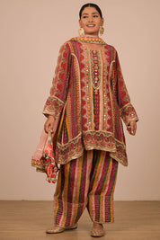 Multicolour Suit Set with Farsi Salwar And Bag