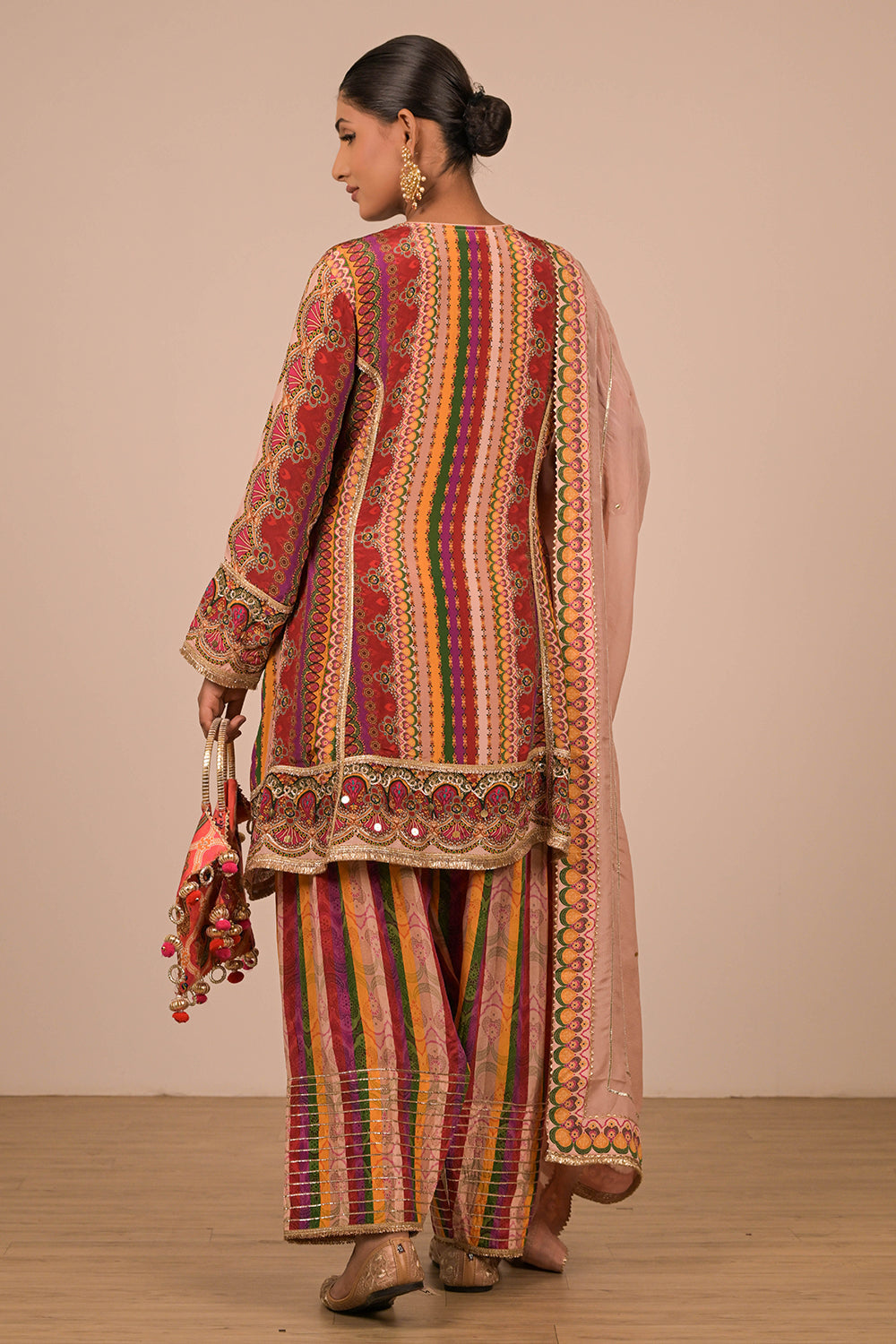 Multicolour Suit Set with Farsi Salwar And Bag