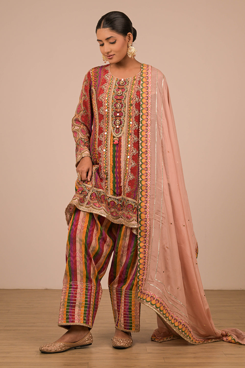Multicolour Suit Set with Farsi Salwar And Bag