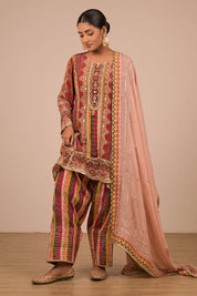 Multicolour Suit Set with Farsi Salwar And Bag