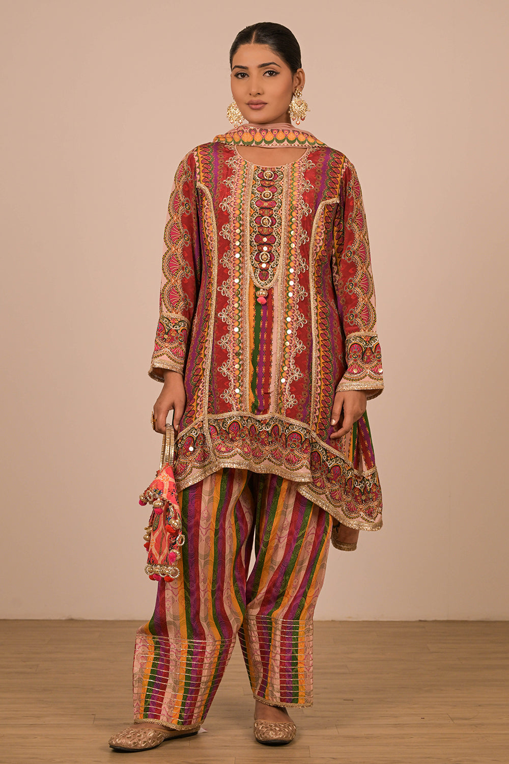 Multicolour Suit Set with Farsi Salwar And Bag