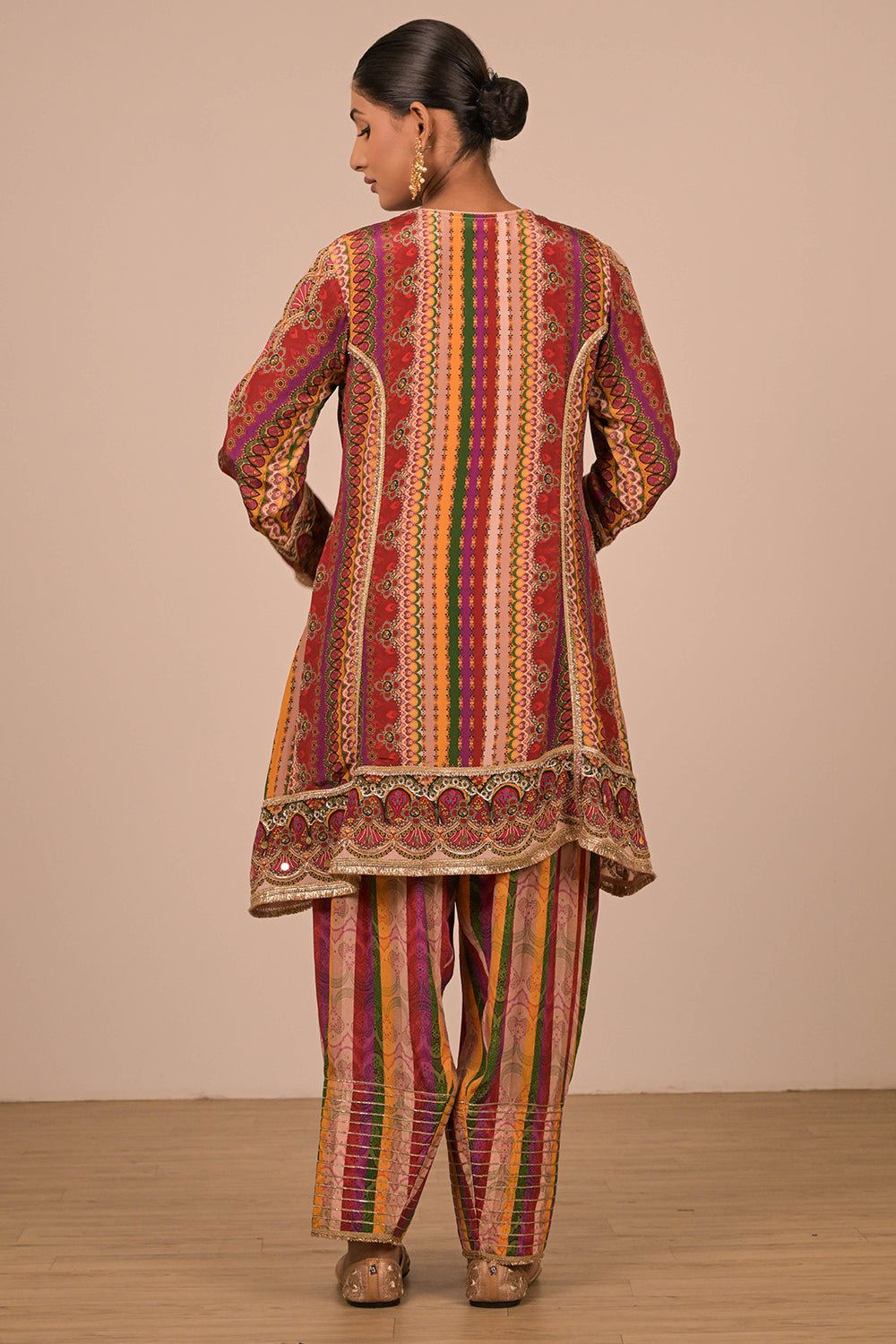 Multicolour Suit Set with Farsi Salwar And Bag