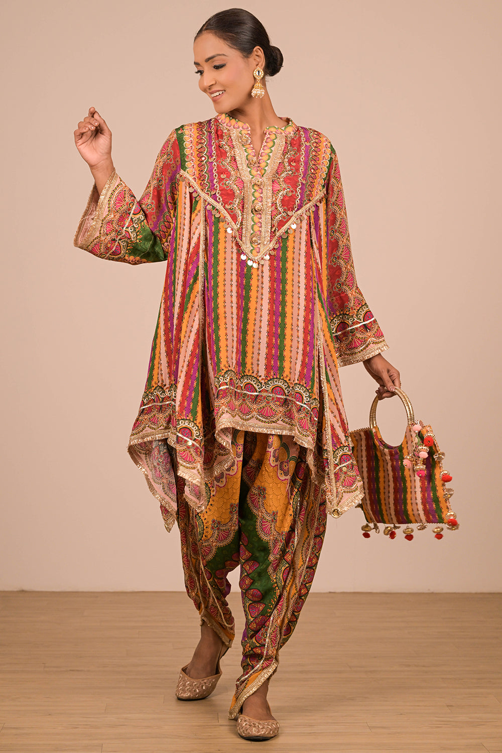 Multicolour Crepe Tulip Pant Suit with Bag